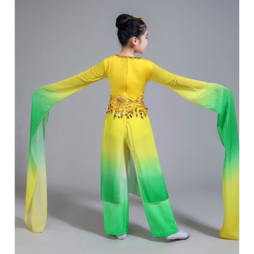 Girls chinese folk ancient traditional classical dance costumes kids green with yellow hanfu water sleeves fan dance dress 